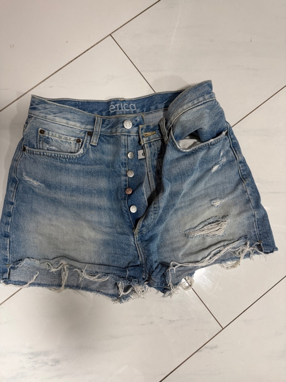 Etica Light Blue Distressed Denim Shorts